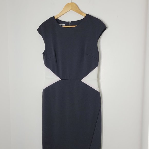 Maggy London Women's Black White Front Asymmetric Slit Darting Sheath Dress 10 - Picture 2 of 13